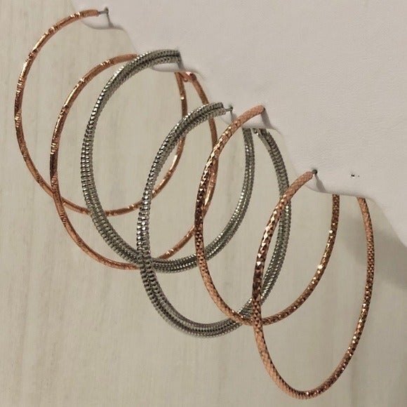 Textured Hoop Statement Earrings Silver & Gold Toned 3 Pair - Picture 6 of 11